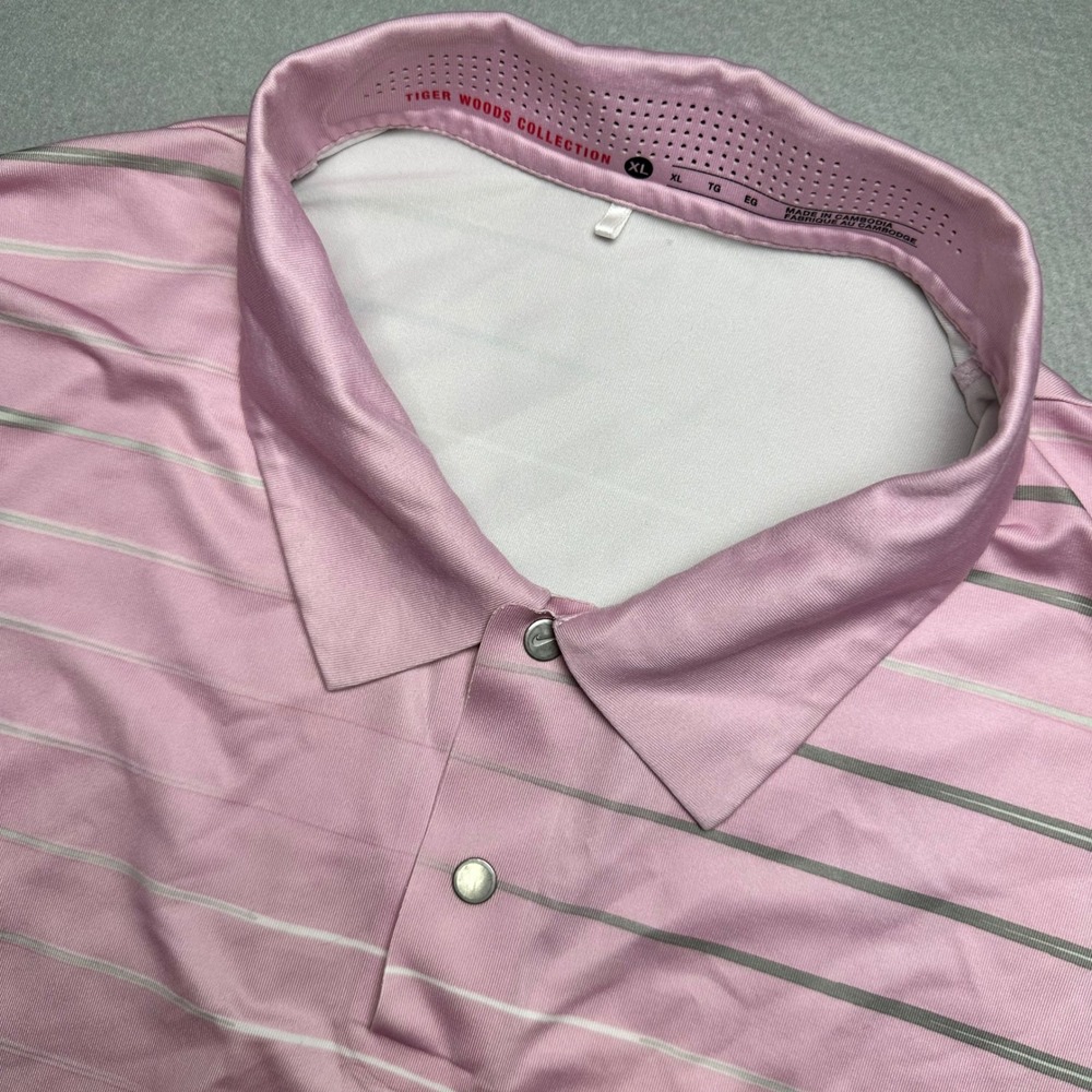 Nike Tiger Woods Collection Polo Mens XL Pink Striped Dri-FIT Golf Shirt